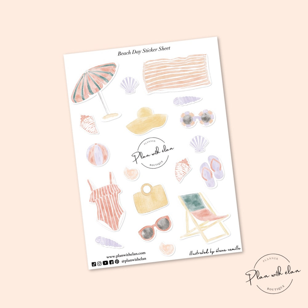 Beach-Themed Deco Planner Sticker Sheet with 18 Stickers